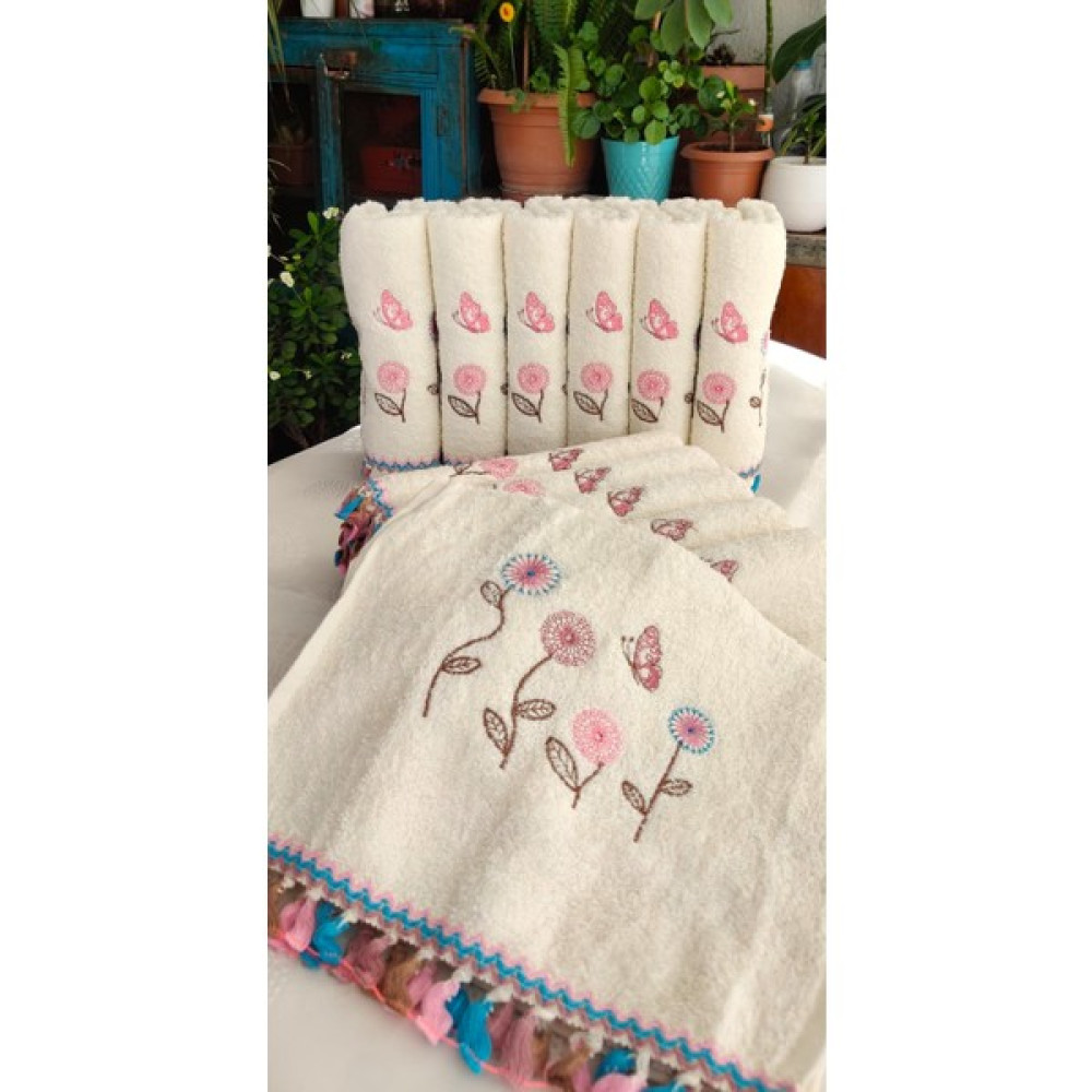 AZH Çeyizlik Kanaviçe Çiçek Desenli Püsküllü Bukle Lüks Mutfak Havlu Seti 30X50 6'lı Set - 30 x 50 cm - Çok Renkli El / Yüz Havlusu Fiyatı