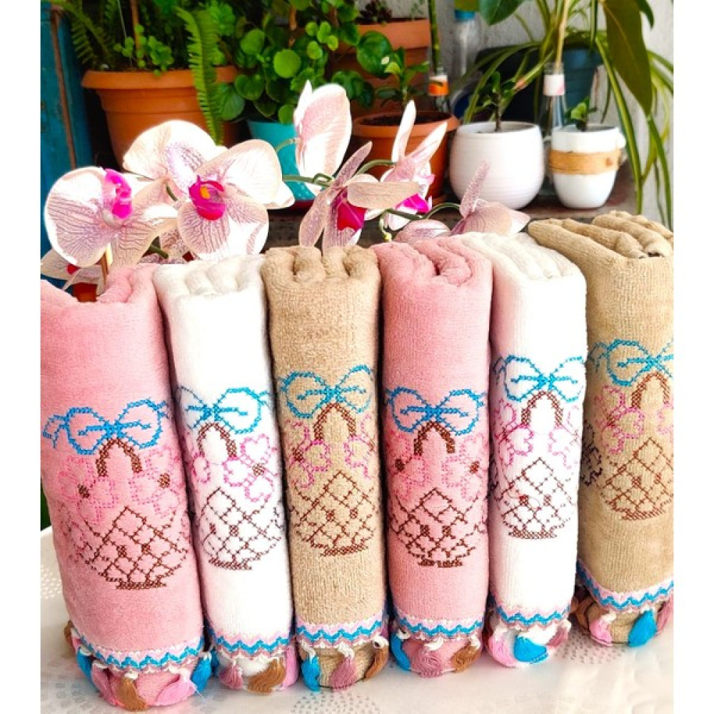 AZH Çeyizlik Kanaviçe Çiçek Desenli Püsküllü Bukle Lüks Mutfak Havlu Seti 30X50 6'lı Set - 30 x 50 cm - Renkli El / Yüz Havlusu Fiyatı