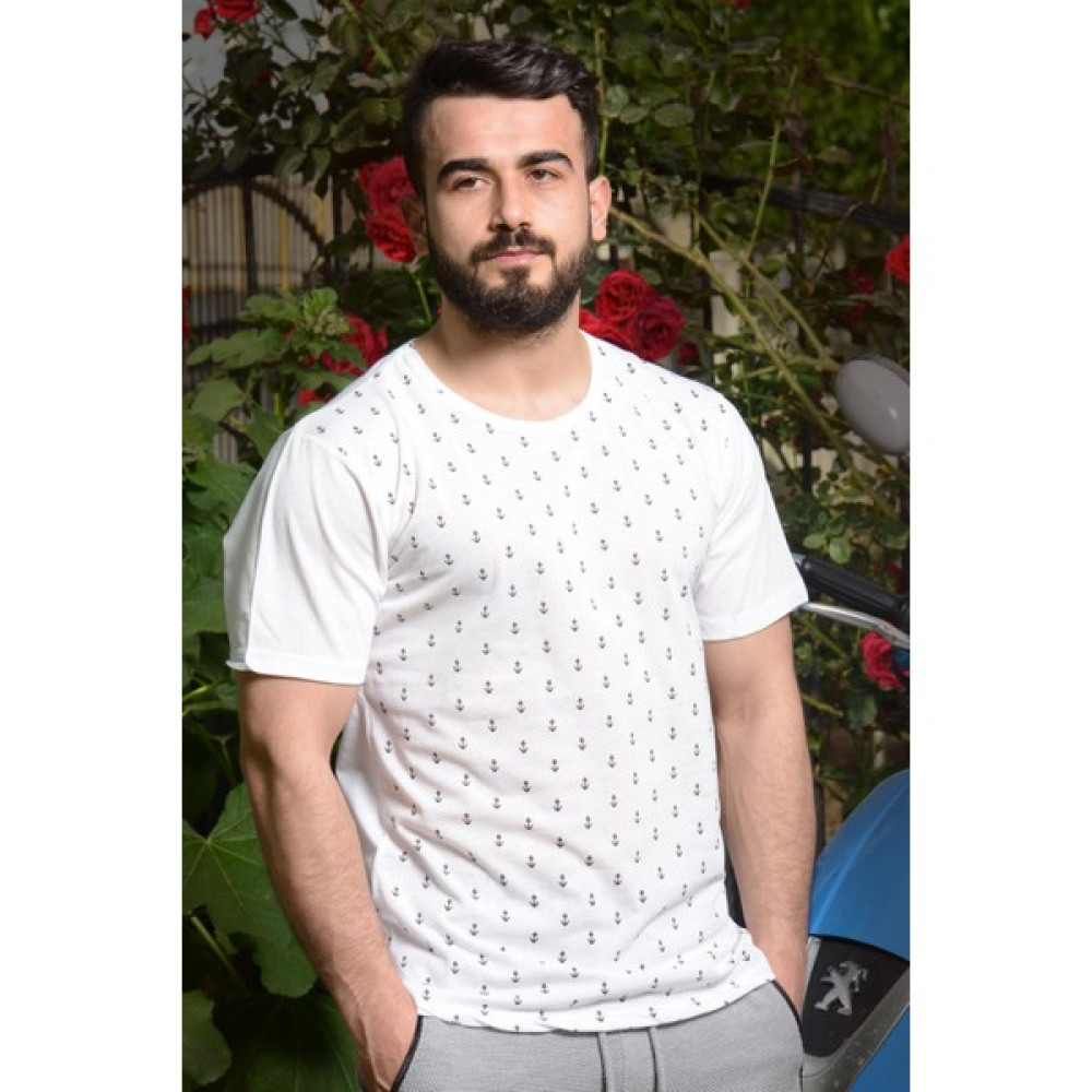 Azıcık Akıllı Erkek Beyaz Slim Fit Çapa Baskılı Kısa Kollu Bisiklet Yaka Tişört 20ETSHCAPA Erkek T-shirt Fiyatı