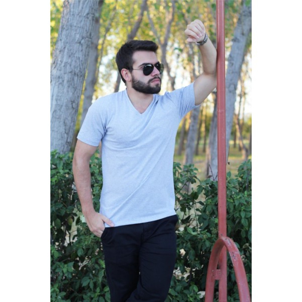 Azıcık Akıllı Erkek Gri Slim Fit Düz Basic Kısa Kollu V Yaka Ince Tişört 20ETSHBSIC Erkek T-shirt Fiyatı