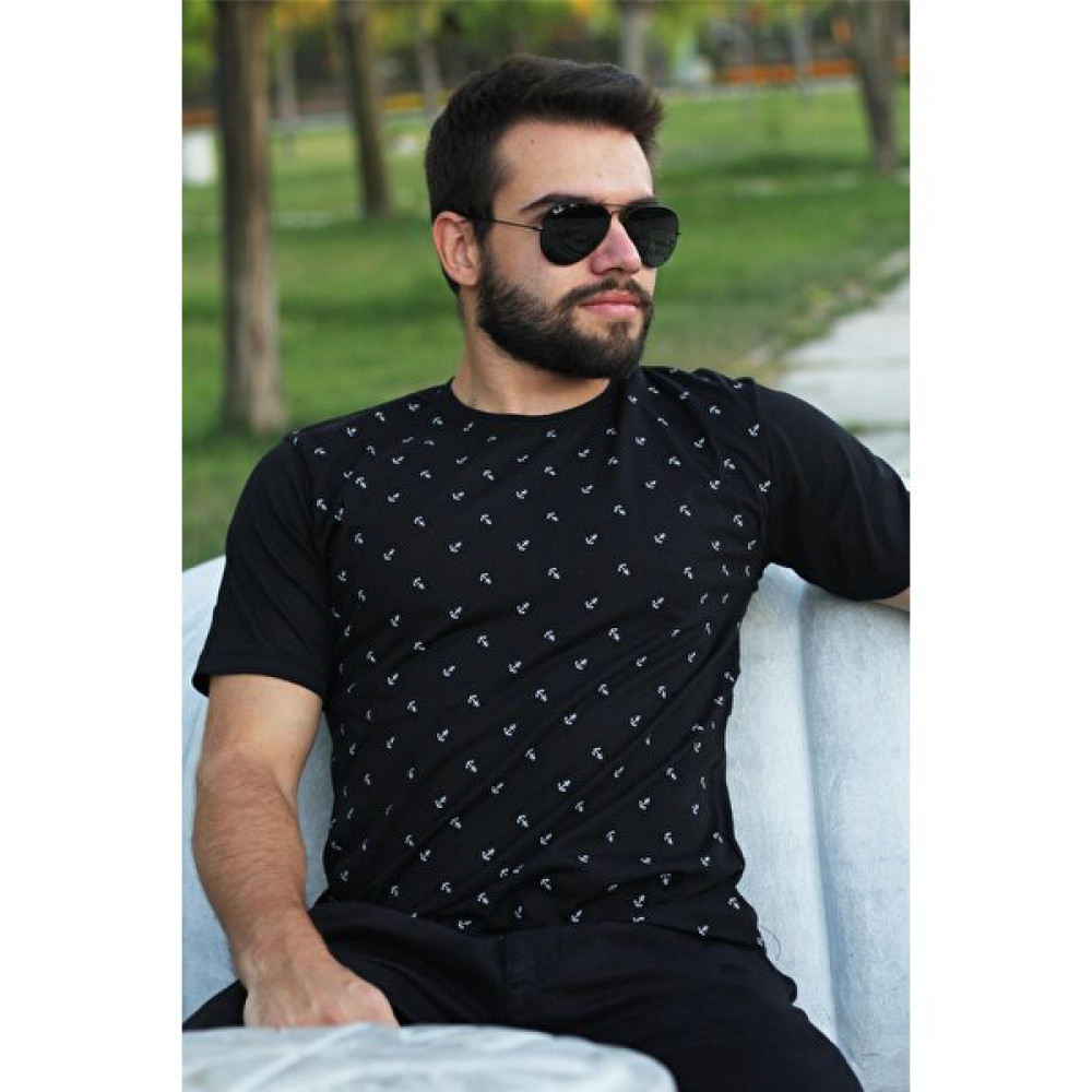 Azıcık Akıllı Erkek Siyah Slim Fit Çapa Desenli Kısa Kollu Tişört 20ETSHCAPA Erkek T-shirt Fiyatı