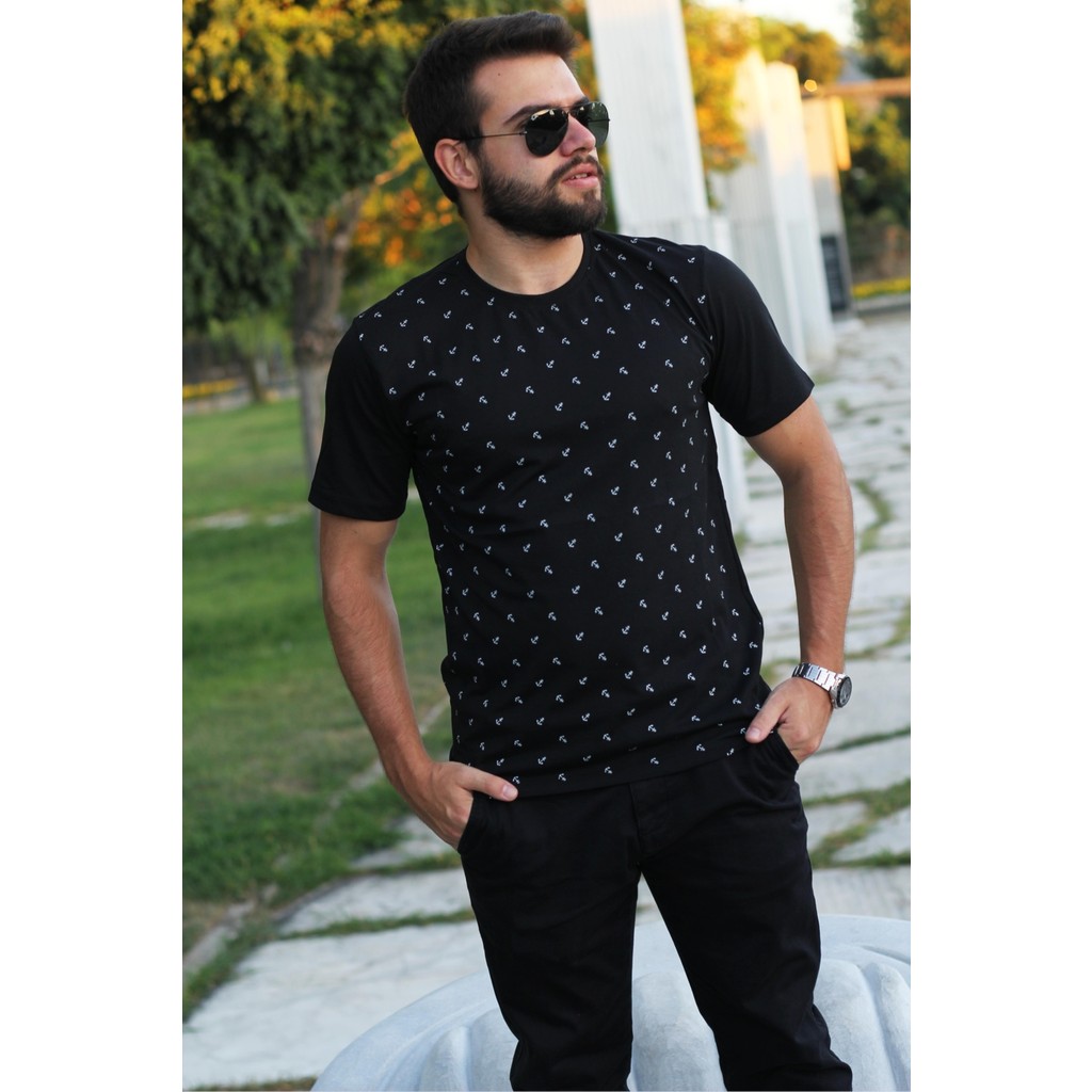 Azıcık Akıllı Erkek Siyah Slim Fit Çapa Desenli Kısa Kollu Tişört 20ETSHCAPA Erkek T-shirt Fiyatı