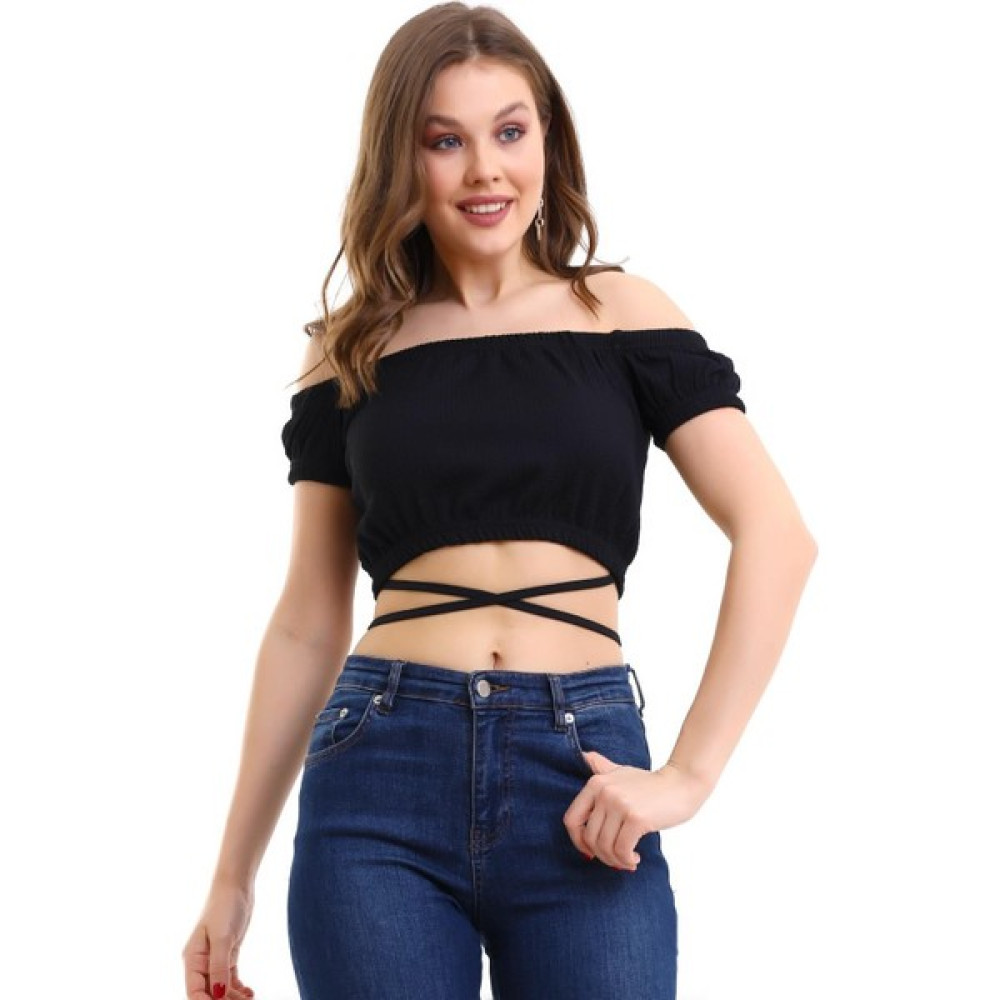 Azıcık Akıllı Kadın Siyah Bürümcük Kumaş Madonna Yaka Bel Bağlamalı Model Crop Bluz 23KBLZ0017 Bluz Fiyatı