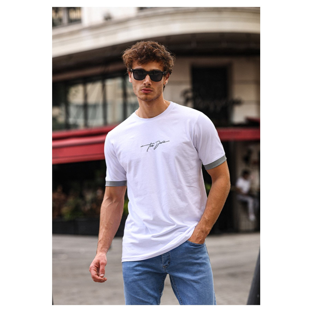aziso Beyaz Nakışlı Slim Fit Erkek Tişört %100 Pamuk Bisiklet Yaka T-shirt S Beden Bayan T-shirt Fiyatı