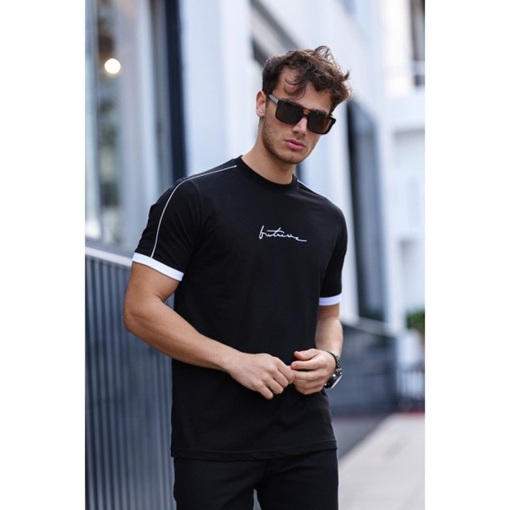 Aziso Erkek Future Nakışlı Slim Fit Bisiklet Yaka Omuz Biye Detaylı %100 Pamuk T-Shirt Erkek T-shirt Fiyatı