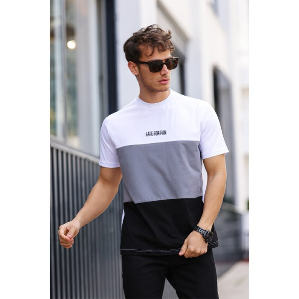 Aziso Erkek Renk Bloklu Lateforfun Baskılı Regular Bisiklet Yaka %100 Pamuk T-Shirt Erkek T-shirt Fiyatı