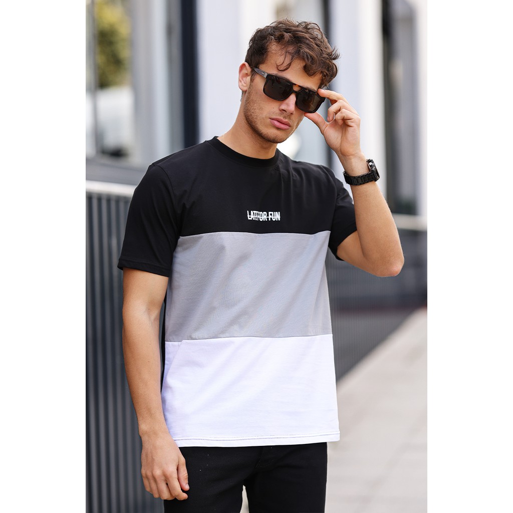 Aziso Erkek Renk Bloklu Lateforfun Baskılı Regular Bisiklet Yaka %100 Pamuk T-Shirt Erkek T-shirt Fiyatı