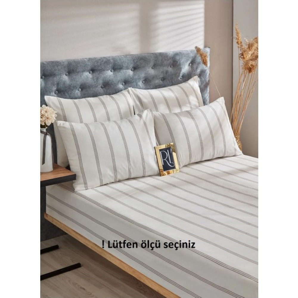 Aztex Lastikli Çarşaf Yastık Kılıfı Tek/çift/battal Çizgili - 180x200 - Bej - Antrasit Çarşaf Fiyatı