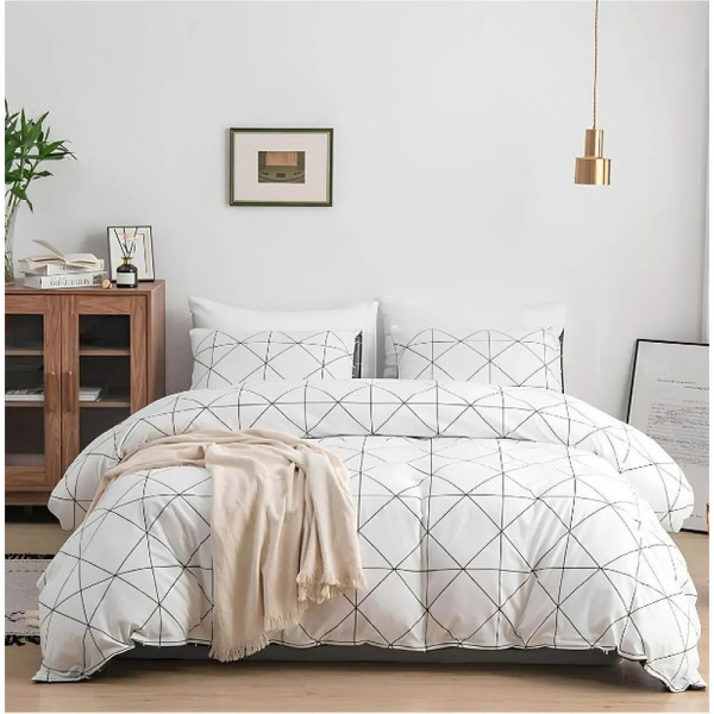 Aztex Tek Kişilik Nevresim Takımı Beyaz Geometrik (Çarşafsız) - Beyaz - Siyah - 160 x 200 cm Nevresim Takımı Fiyatı