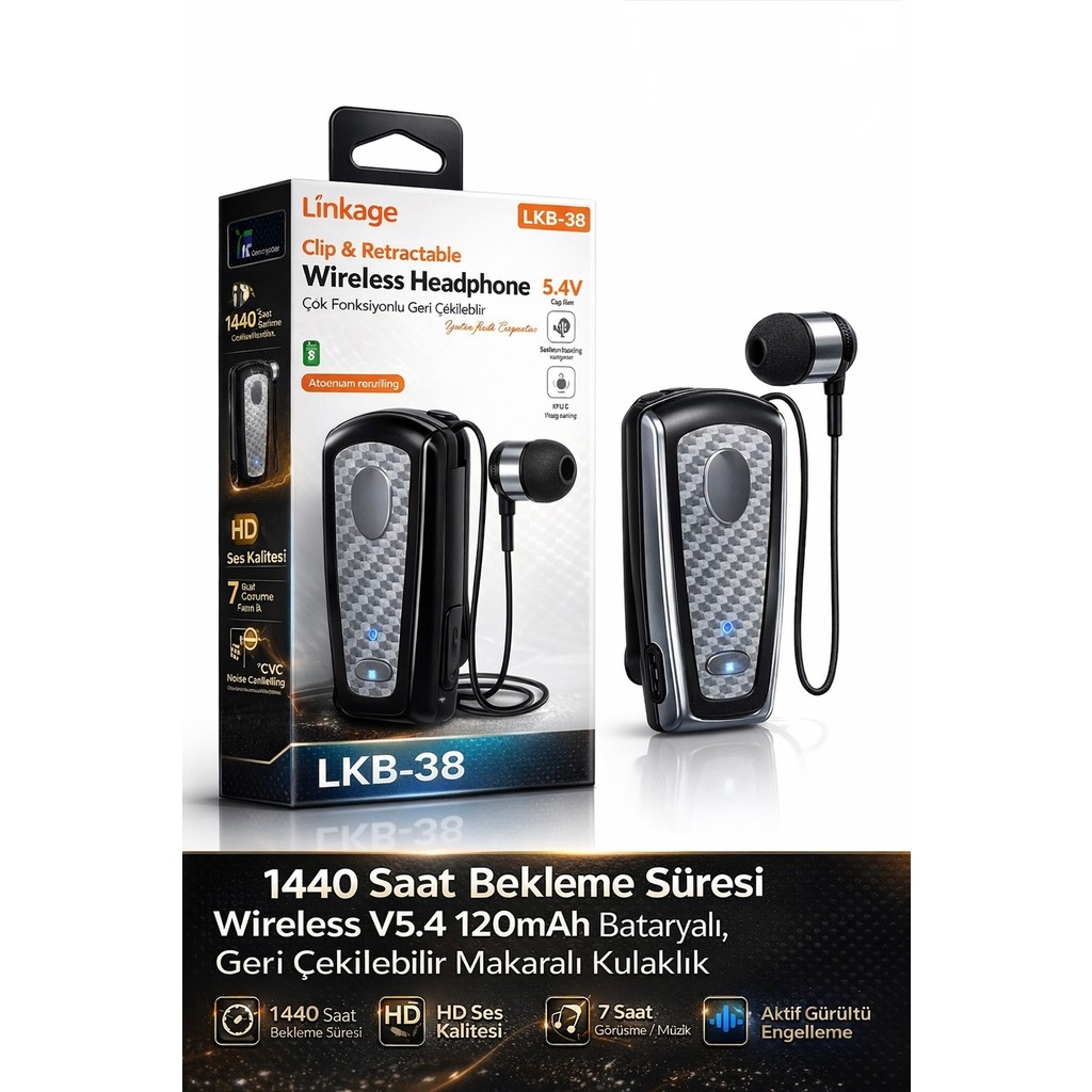 Azurtech Lkb-38 Bluetooth Kulaklık V5.4, Geri Çekilebilir Makaralı, 1440 Saat Bekleme, Hd Ses, Gürültü Engelleme - Siyah Bluetooth Kulaklık Fiyatı