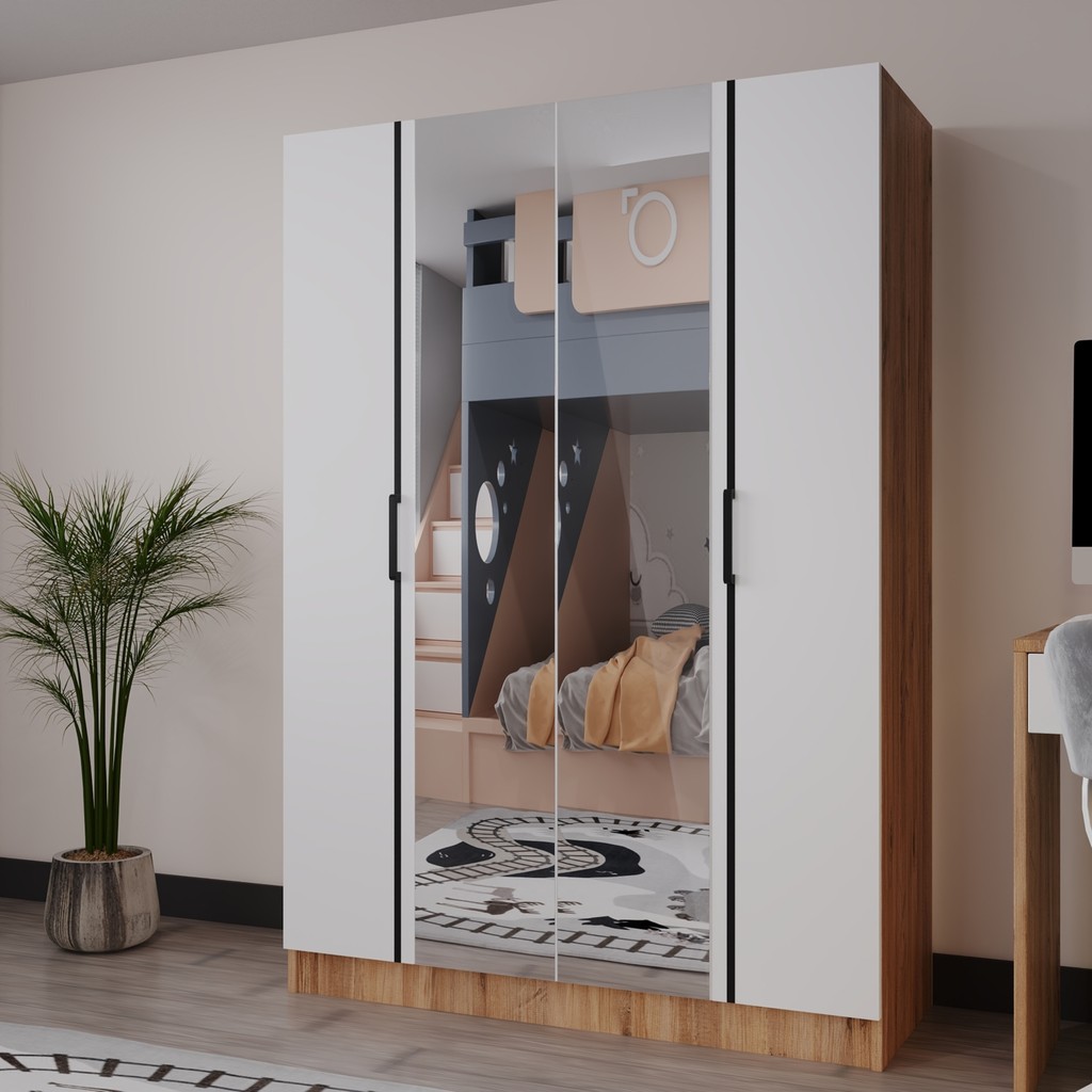 Azzuri Furniture Azzuri Piyano 4 Kapaklı Dolap Genç Odası-Çocuk Odası Gardırop Meşe Beyaz Aynalı - Meşe - Beyaz Gardrop & Dolap Fiyatı