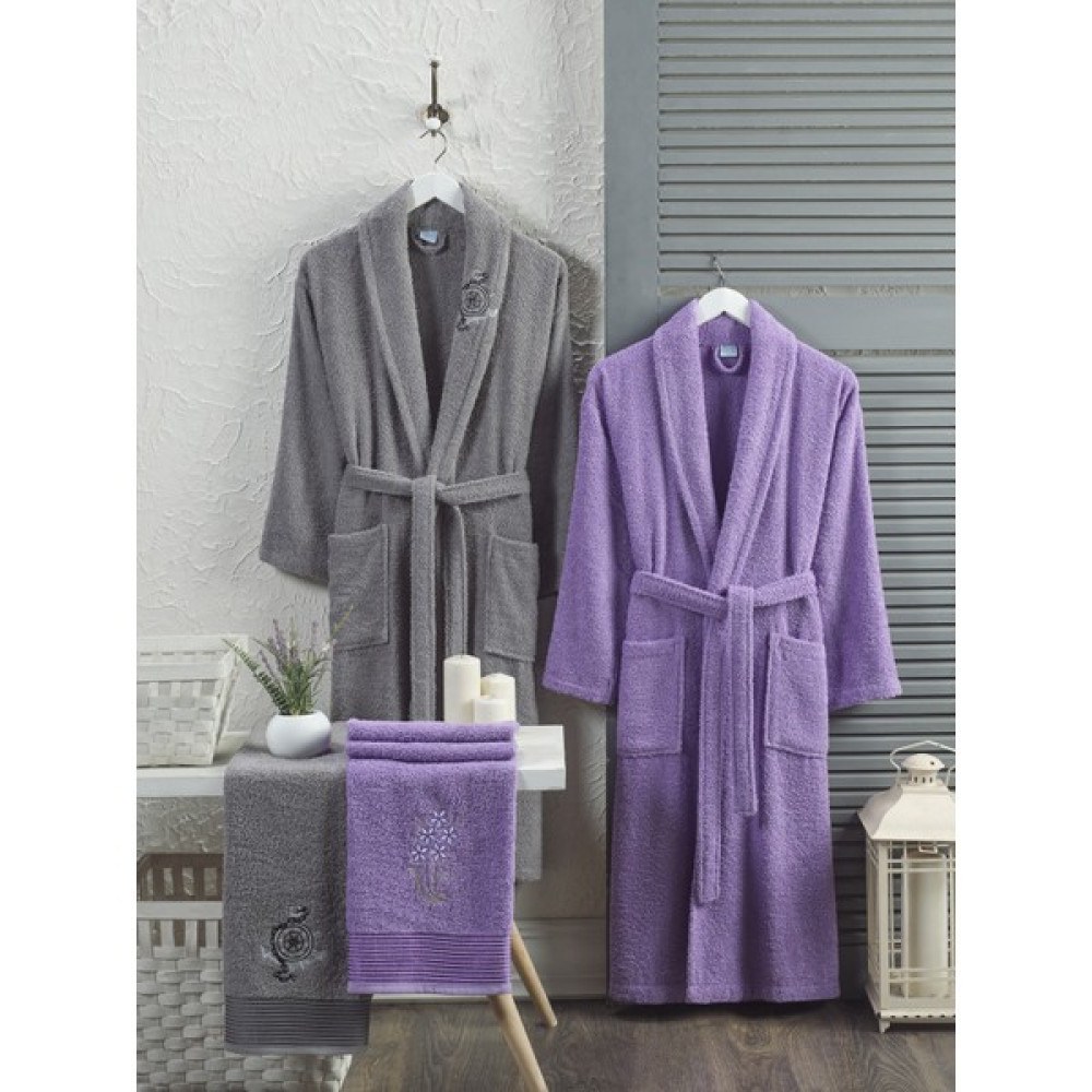 B2B Home Collection Nakışlı Pamuklu 4 Parça Aile Bornoz Seti Antrasit Lavanta B2B-BRNZ-01 - L - XL - Leylak - Antrasit Bornoz Fiyatı