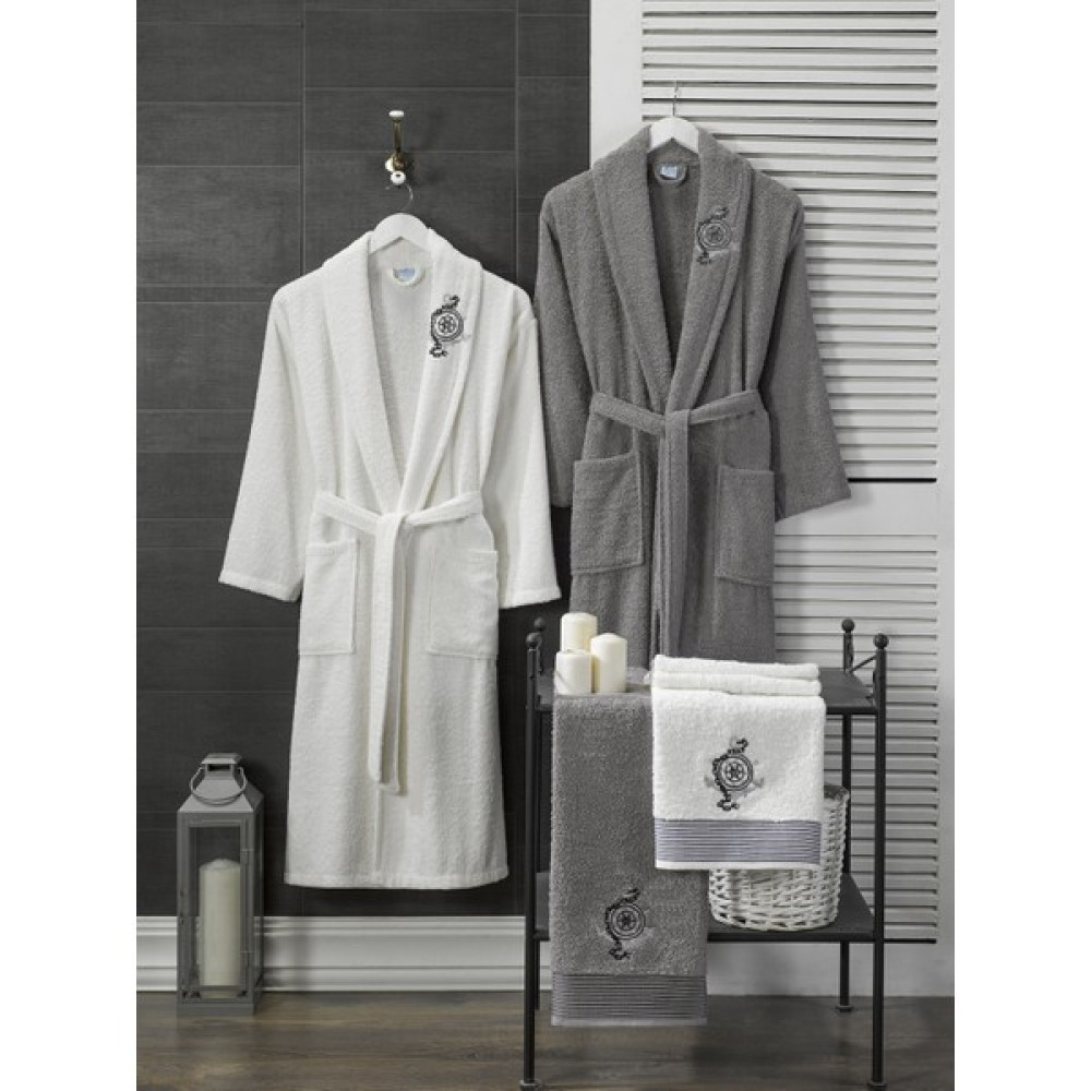 B2B Home Collection Pusula Nakışlı Pamuklu 4 Parça Aile Bornoz Seti Beyaz | Gri B2B-BRNZ-24 - L - XL - Gri - Beyaz Bornoz Fiyatı