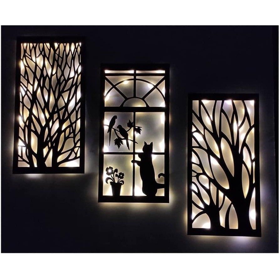 BAAÇ Ahşap Işıklı 3'lü Duvar Tablosu - 25 X 52 cm - Siyah Kanvas Tablo Fiyatı