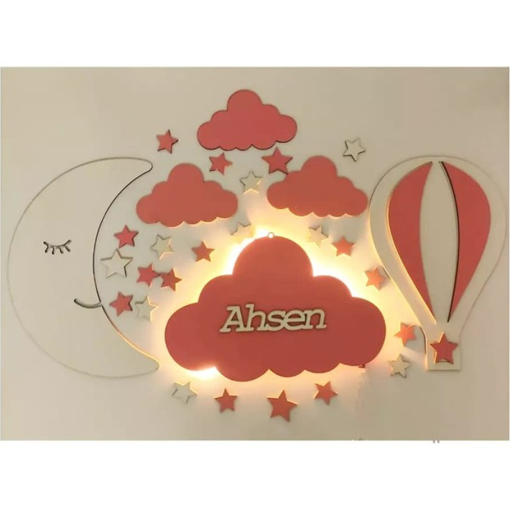 BAAÇ Ahşap Işıklı Çoçuk Odası Dekoru 02 - Beyaz - Pembe Bebek Odası Duvar Süsü Fiyatı