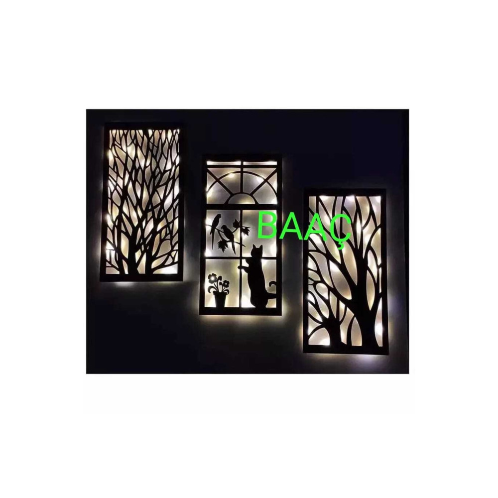 BAAÇ Dekoratif Işıklı 3 Lü Ahşap Duvar Tablosu 25 x 50 Beden Tablo & Poster Fiyatı