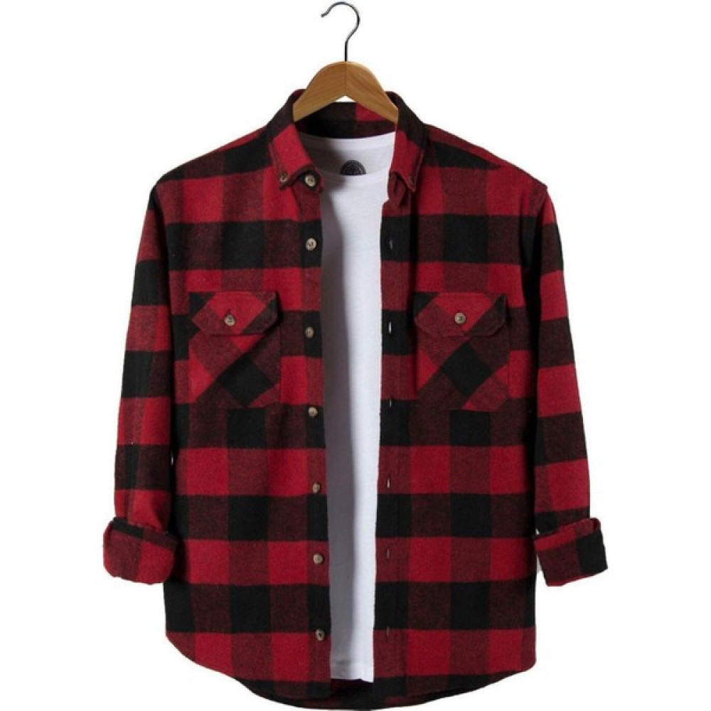 Baba Kırmızı-Siyah Erkek Çift Kapak Cepli Slim Fit Gömlek Yaka Ekose Oduncu Gömlek Erkek Gömlek Fiyatı