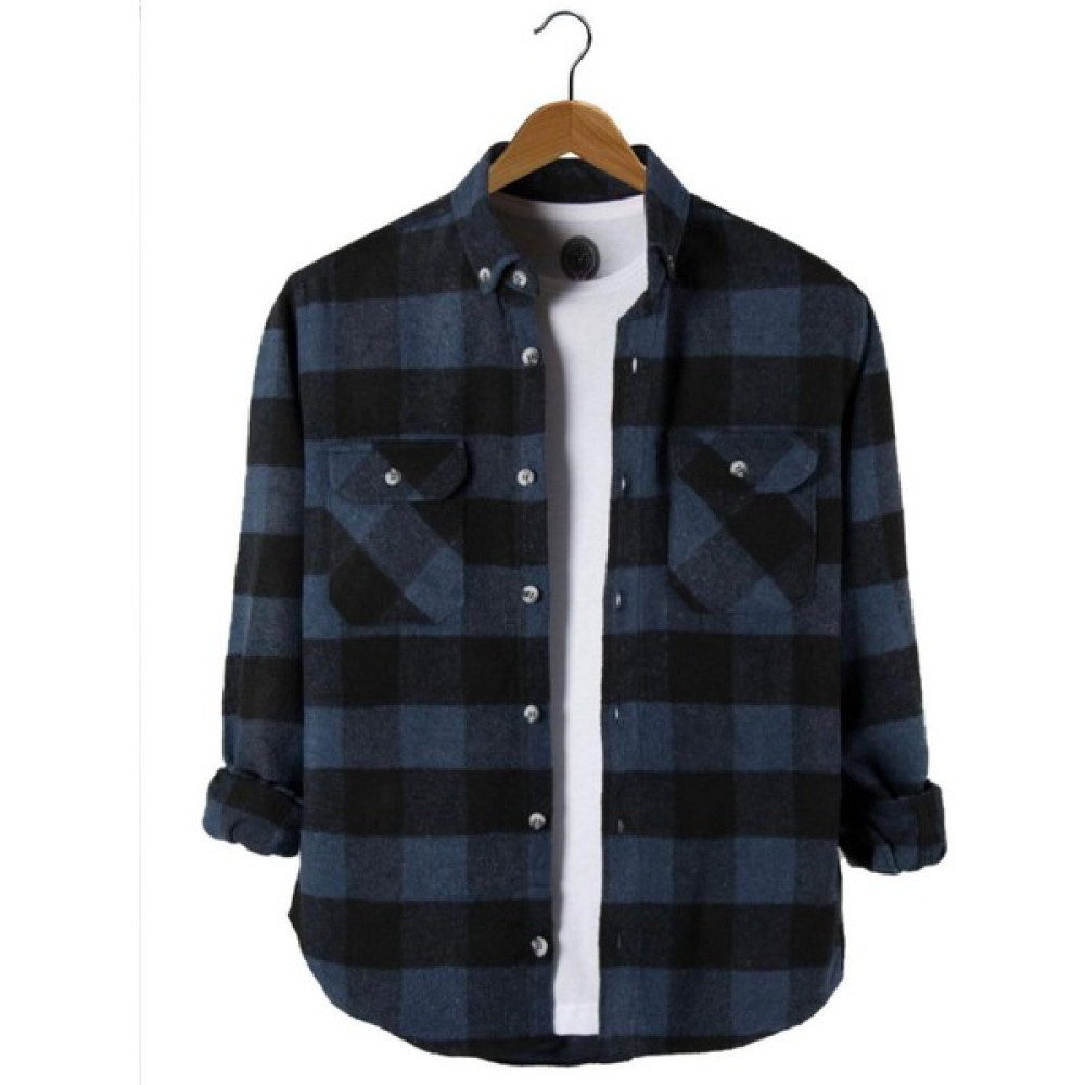 Baba Mavi-Siyah Erkek Çift Kapak Cepli Slim Fit Gömlek Yaka Ekose Oduncu Gömlek Erkek Gömlek Fiyatı