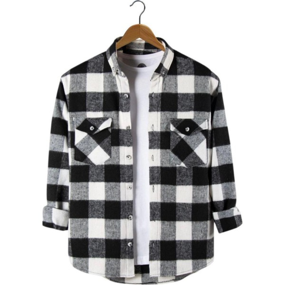 Baba Siyah-Beyaz Erkek Çift Kapak Cepli Slim Fit Gömlek Yaka Ekose Oduncu Gömlek Erkek Gömlek Fiyatı