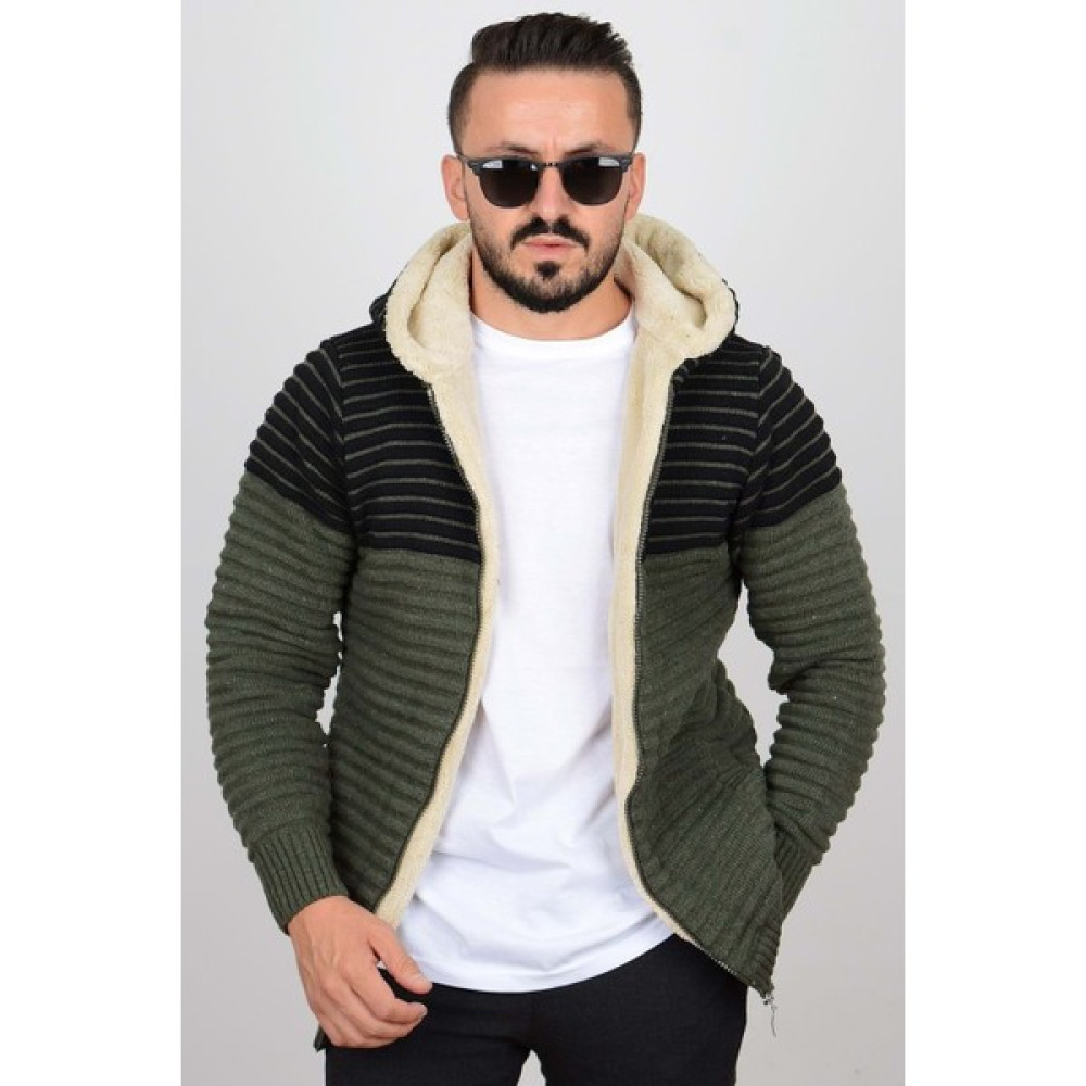 Baba Wear Hırka Kürklü Fermuarlı Kapüşonlu Siyah-Yeşil Çift Renk Hırka Erkek Hırkalar Fiyatı