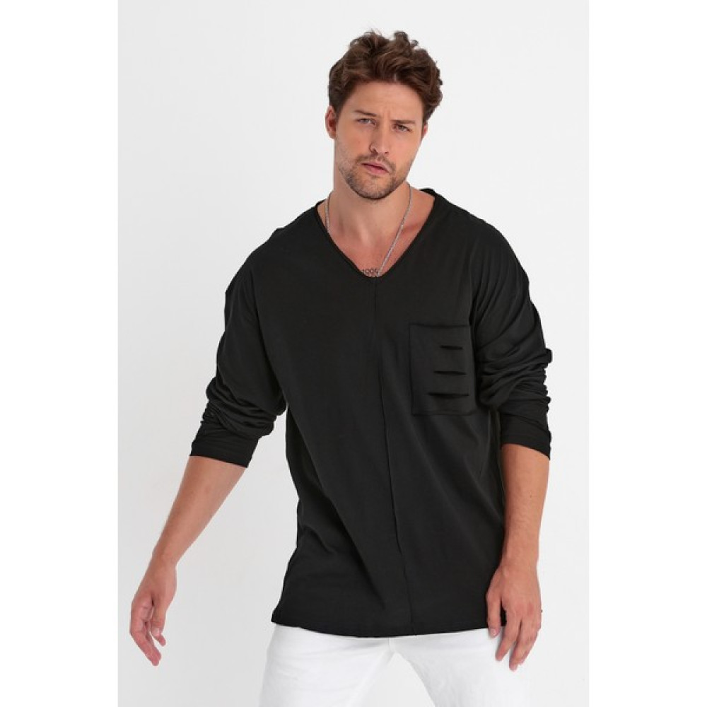 BABBOSS Uzun Kollu Cep Yırtmaç Detaylı V Yaka Süper Oversize T-Shirt Erkek T-shirt Fiyatı