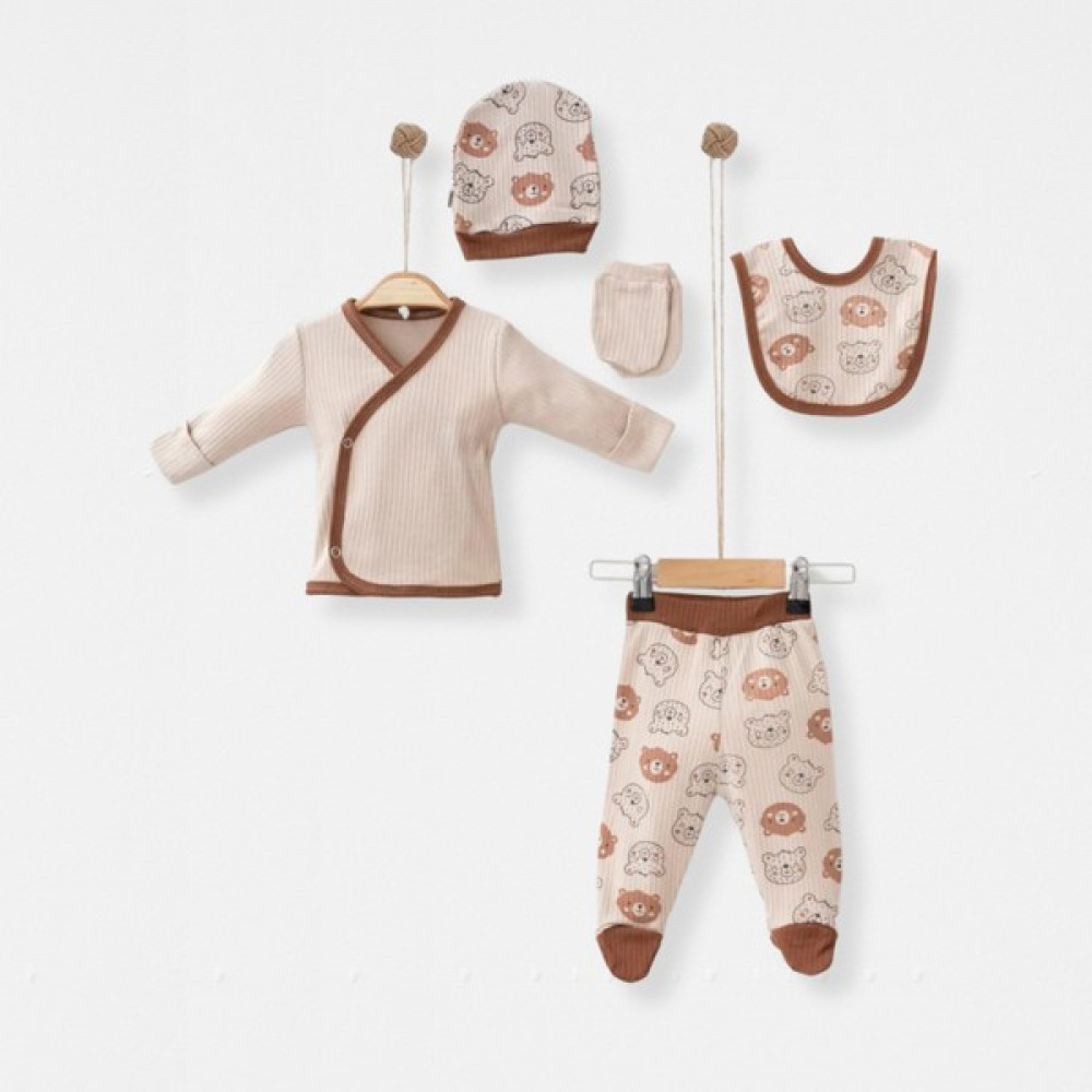 Babejix Ayıcık Baskılı % 100 Pamuklu Kahverengi - Bej Unisex Bebek 5’li Hastane Çıkış Seti Bebek Hastane Çıkışı Fiyatı