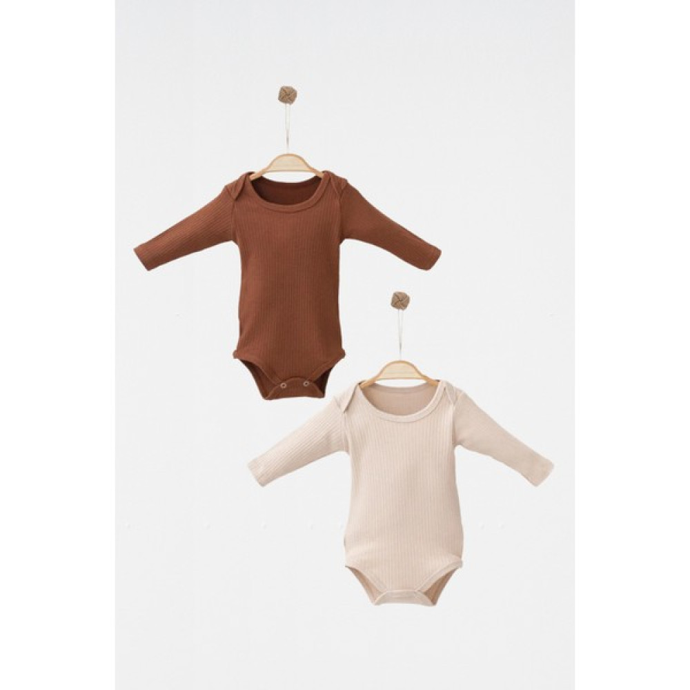 Babejix Bisiklet Yakalı % 100 Pamuklu Kahverengi ve Bej Unisex Basic Uzun Kollu Çıtçıtlı 2’li Bebek Badi Bebek Body Fiyatı