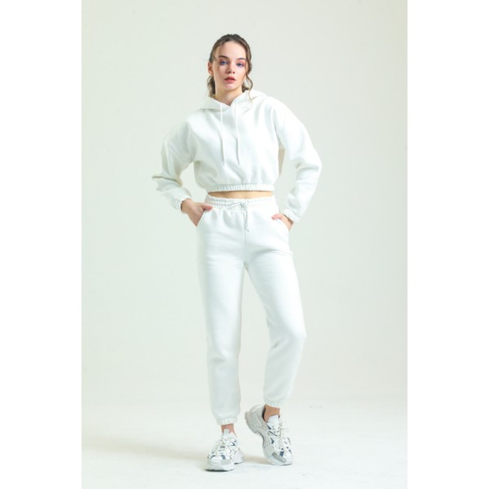 Babelook Kadın Beyaz Içi Polarlı Kapüşonlu Crop Sweatshirt ve Jogger Ikili Eşofman Takımı Kadın Eşofman Fiyatı