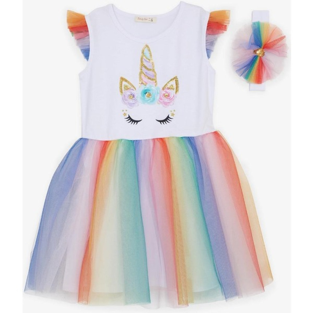 Babely Kız Çocuk Elbise Tüllü Renkli Unicorn Baskılı , Beyaz Kız Çocuk Elbise Fiyatı