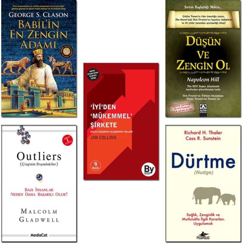 Babil'in En Zengin Adamı + Düşün ve Zengin Ol + Dürtme (Nudge) + Outliers (Çizginin Dışındakiler) + Iyiden Mükemmel Şirkete - 5 Kitap Set Ekonomi Pazarlama Kitapları Fiyatı