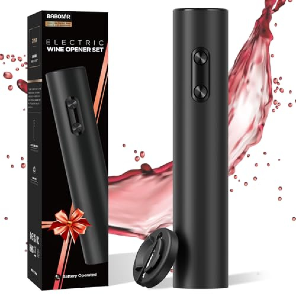 BABONIR Electric Wine Opener, Battery Operated Bottle Openers with Foil Cutter, One Click Button Corkscrew Remover Ideal Present for Wine Lovers Party and Home Entertaining