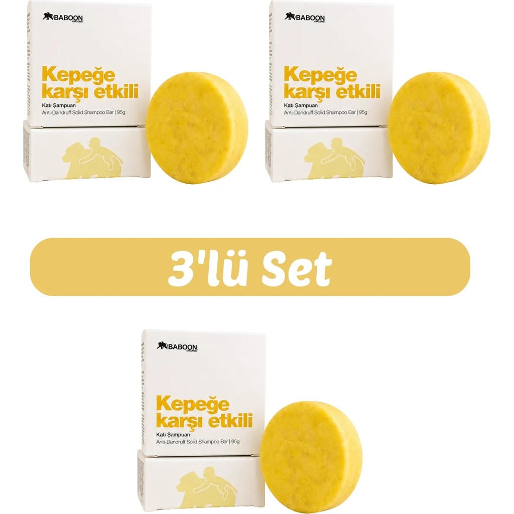 Baboon Natural Kepeğe Karşı Etkili Katı Şampuan 3’lü Set | Çay Ağacı, Çinko & Salisilik Asit Içerikli | Doğal & Vegan Şampuan ve Saç Kremi Fiyatı