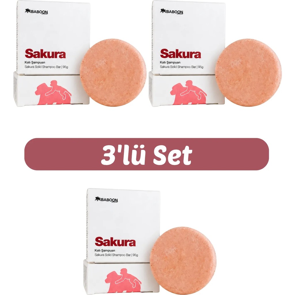 Baboon Natural Sakura Katı Şampuan 3'lü Set | Kuru, Yıpranmış ve Boyalı Saçlar | Doğal & Vegan Şampuan ve Saç Kremi Fiyatı