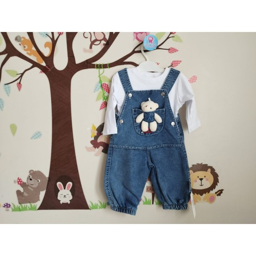 Baby Blue Bebek Salopet Peluş Ayılı Kot Bahçıvan Bebek Giysi Takım Fiyatı
