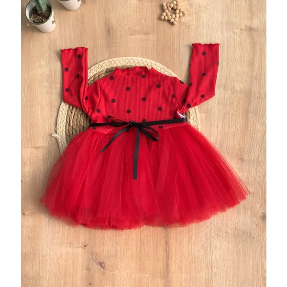 Baby Buu Kız Bebek Tüllü Puanlı Kurdeleli Astarlı Uzun Kollu Elbise Bebek Elbisesi Fiyatı