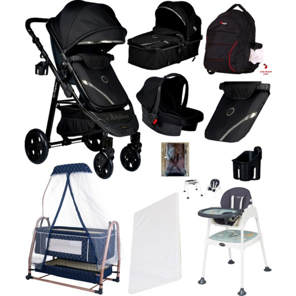 Baby Home 8 In 1 Set Baby Home Corso Travel Sistem Bebek Arabası ve Nanny Oyun Parkı Park Yatak Beşik - Black & Black Bebek Arabası-Puset Aksesuarları Fiyatı