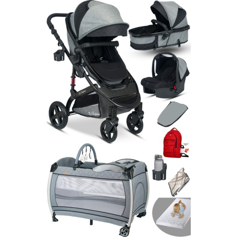 Baby Home 9 In 1 Set Baby Home 946 Single-To Travel Sistem Bebek Arabası ve 600 Nanny Oyun Parkı Park Yatak Beşik - Gri Bebek Arabası-Puset Aksesuarları Fiyatı