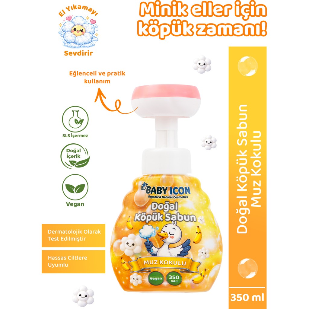 Baby Icon Doğal Çocuk Köpük El Sabunu 350 ml – Muz Kokulu Vegan Parabensiz Köpük Sabun - Sarı Diğer Fiyatı