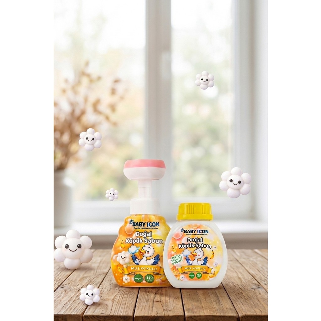 Baby Icon Doğal Çocuk Köpük El Sabunu 350 ml – Muz Kokulu Vegan Parabensiz Köpük Sabun ve Yedek Dolum Diğer Fiyatı