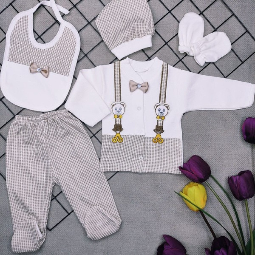 Baby Kids Colors Ayıcıklı Kahve Papyonlu Yenidoğan Bebek 5 Li Hastane Çıkış Seti K2151 Bebek Hastane Çıkışı Fiyatı