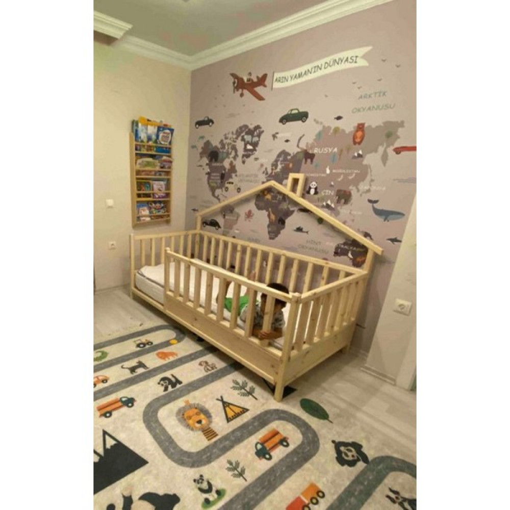 Baby Kinder Back Roofed Doğal Ahşap Yatak Montessori Bebek ve Çocuk Karyolası - 90 x 190 cm Karyola Fiyatı