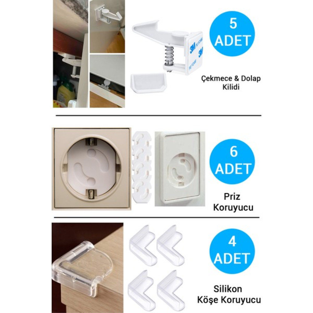 Baby Lock Çocuk Bebek Güvenlik Emniyet Seti,5 Çekmece Dolap Kilidi,4 Masa Köşe Koruyucu, 6 Priz Koruyucu Bebek Güvenlik Fiyatı
