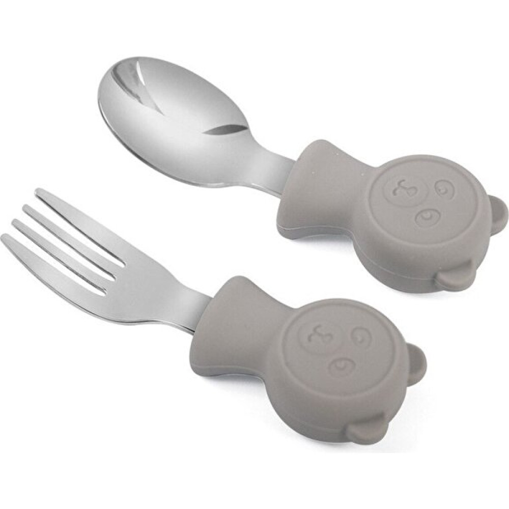 Baby Lock Çocuk Silikon Saplı Metal Uçlu Çatal ve Silikon Saplı Metal Uçlu Kaşık Gri Mama Seti Fiyatı