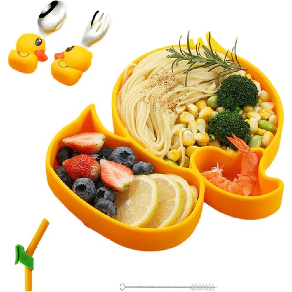 Baby Lock Vakumlu Silikon Bebek Mama Tabağı, Silikon Saplı Metal Uçlu Mama Kaşığı ve Pipet Beslenme Seti Mama Seti Fiyatı
