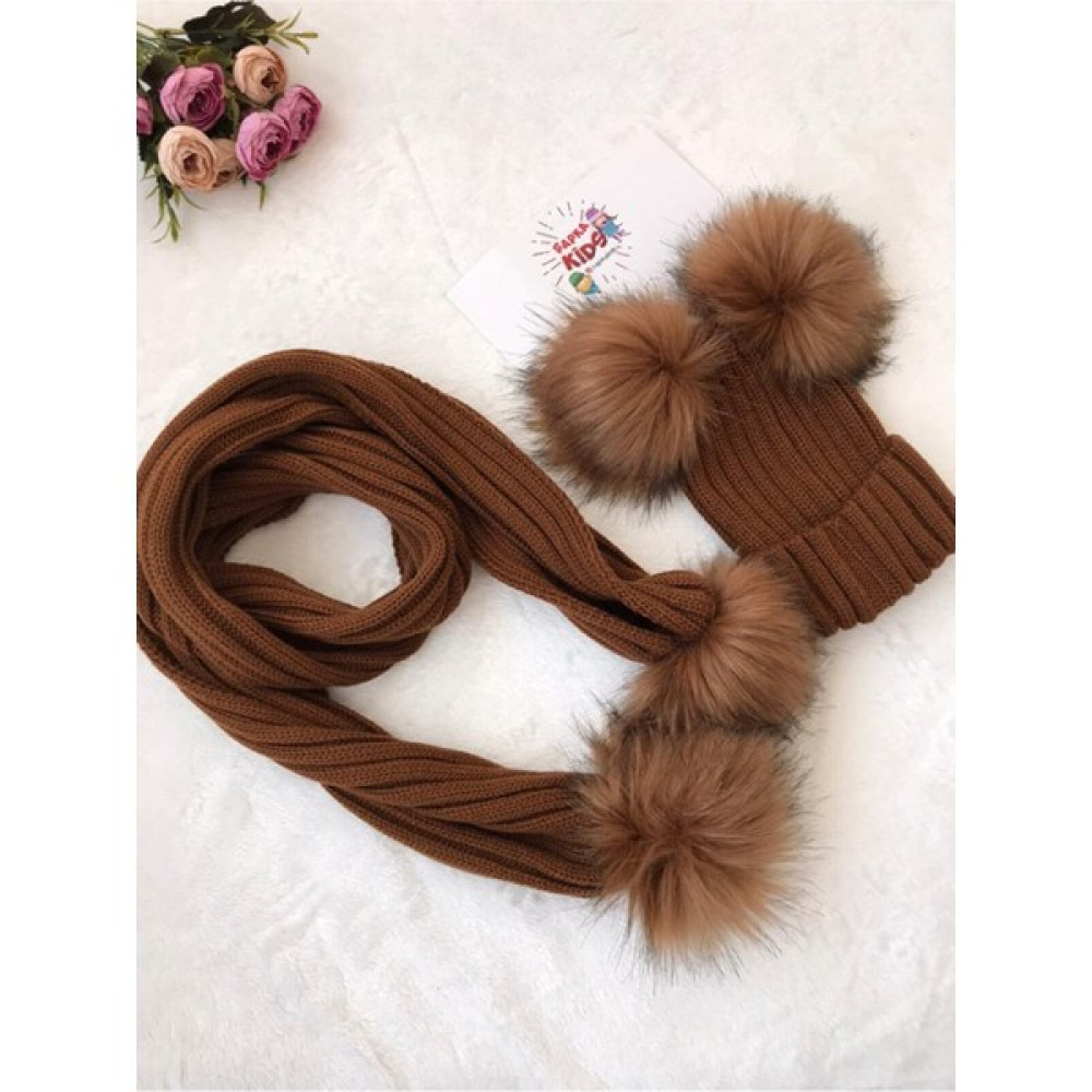 Baby Puff Çift Ponponlu Çocuk Taba Renktriko Atkı Bere Set Bebek Şapkası Fiyatı