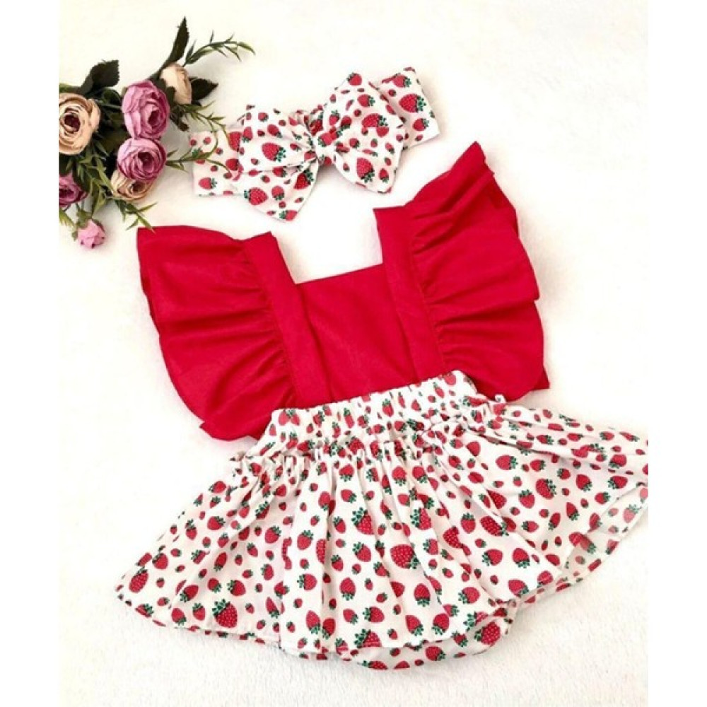 Baby Puff Kız Bebek Çilek Desen Salopet Bandana Set Bebek Elbisesi Fiyatı
