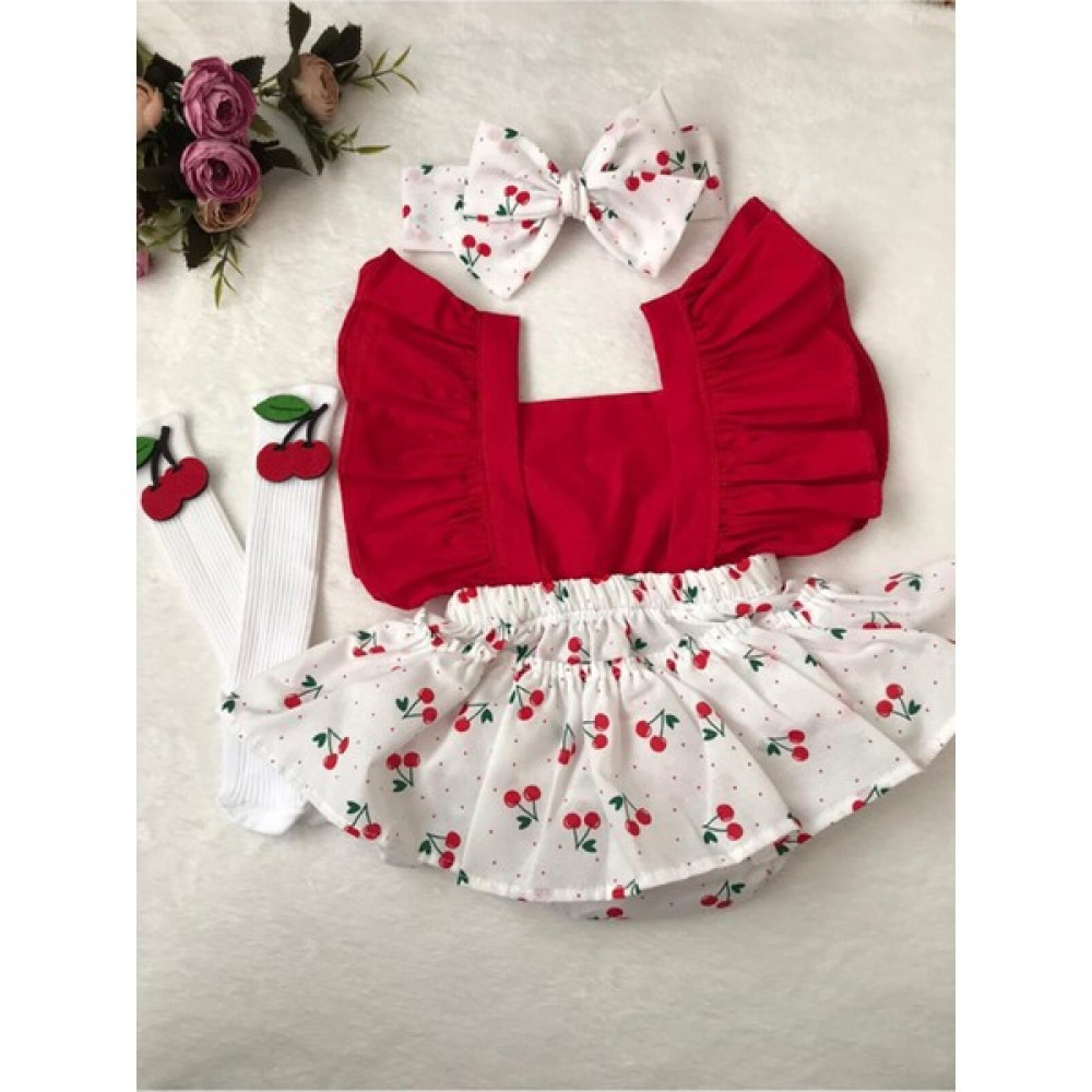 Baby Puff Kız Çocuk Kırmızı Kiraz Desen Slopet Bandana Kiraz Çorap Set Bebek Elbisesi Fiyatı