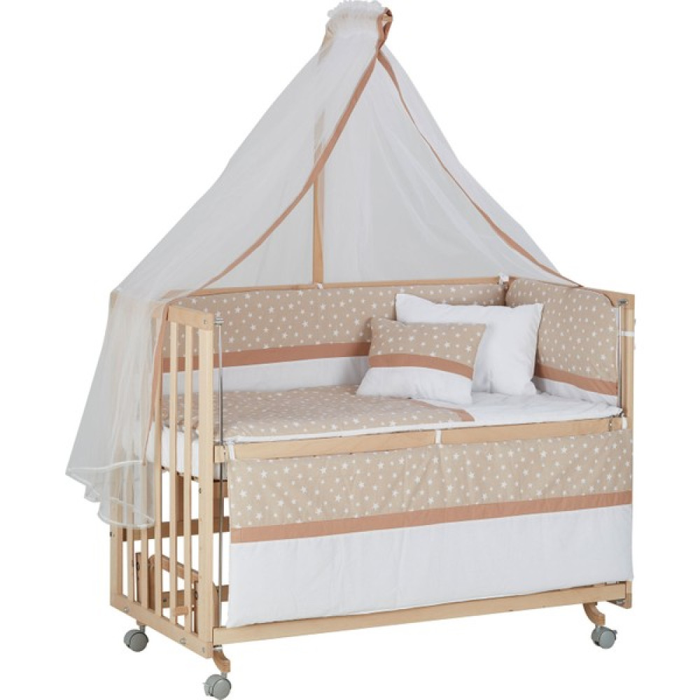 Baby Tech 60 x 120  cm  Naturel Boyasız Tekerlekli Beşik + Kahve Yıldızlı Uyku Seti Oto Boyaları Fiyatı
