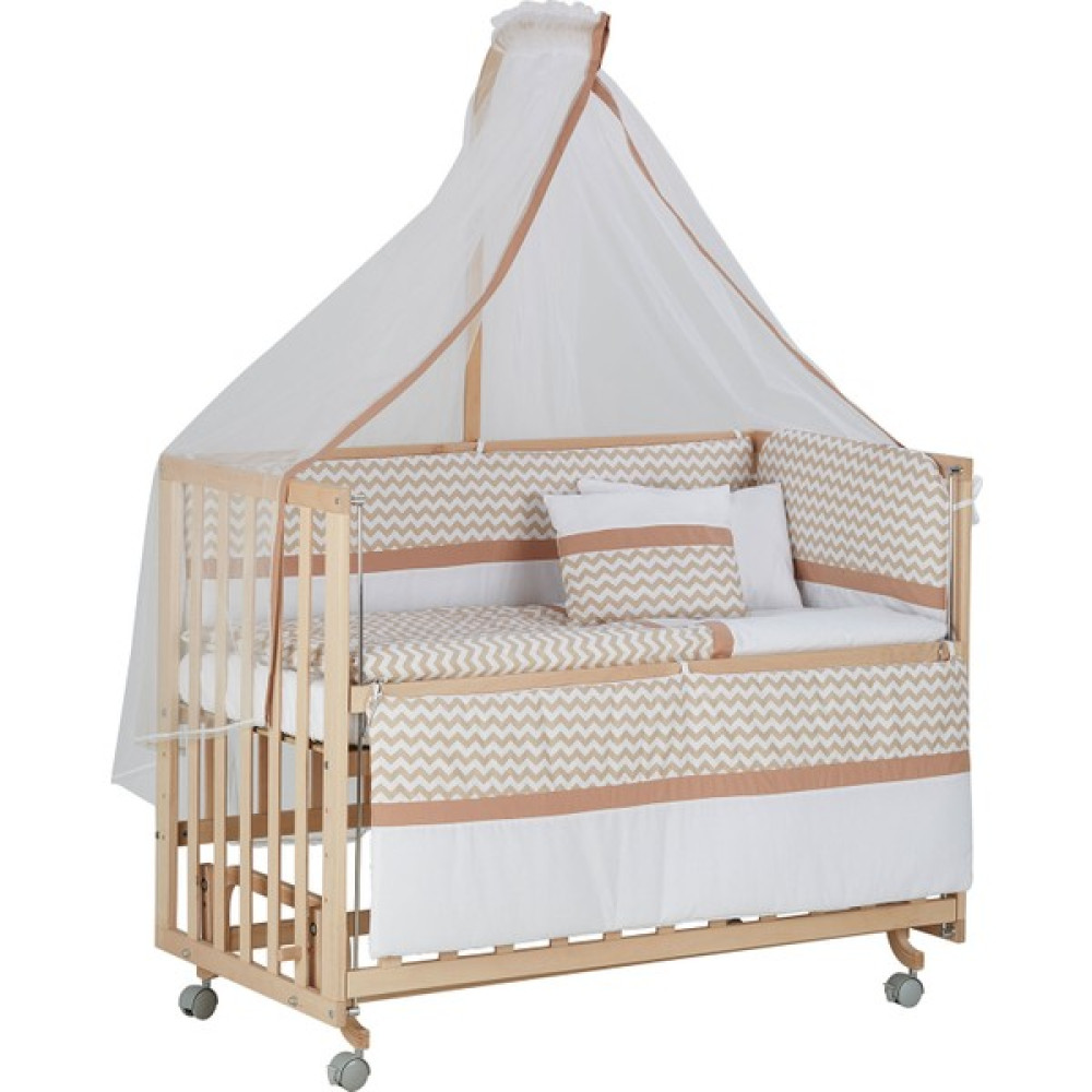 Baby Tech 60 x 120 cm Naturel Boyasız Tekerlekli Beşik + Kahve Zikzak Uyku Seti Beşik Fiyatı