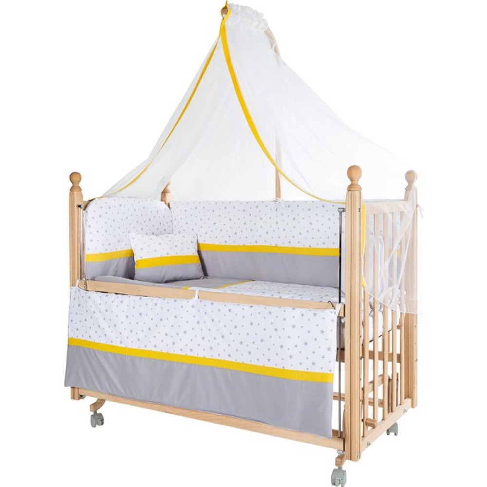 Baby Tech Klasik Anne Yanı 60X120 Kademeli Naturel Beşik - Tekerlekli + Beyaz Yıldızlı Uyku Seti - Ahşap Beşik Fiyatı